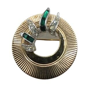 Vintage Boucher Brooch Green Clear Rhinestones Pleated Pin Signed Jewelry